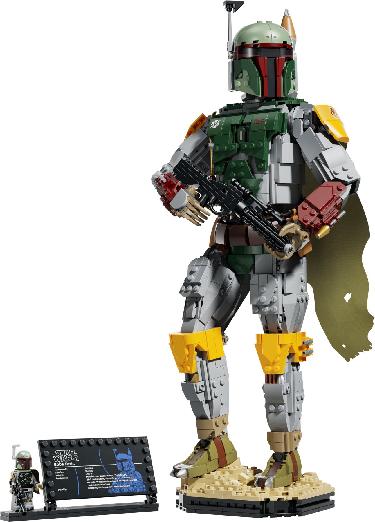 LEGO® Star Wars™ Boba Fett on a baseplate holding a blaster, beside an info plaque and minifigure.