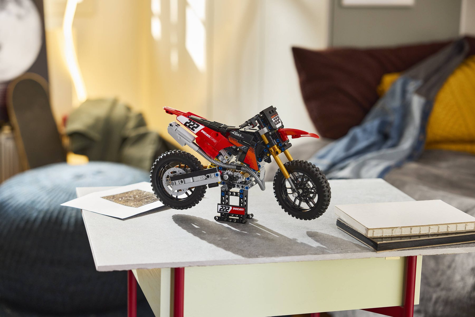 Official LEGO lifestyle image of Ducati Desmo450 MX Factory Motorcycle