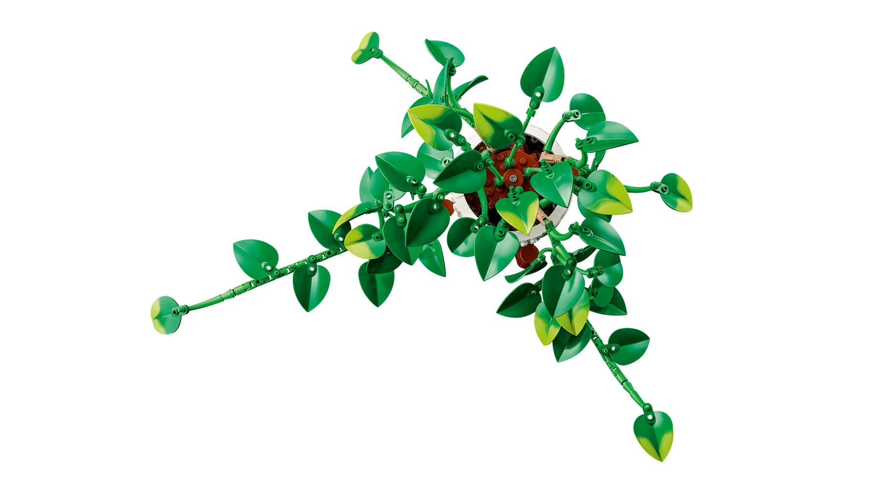 Aerial view of a LEGO® Botanicals Hanging Golden Pothos set showing a potted pothos plant with leaves and 4 vines.