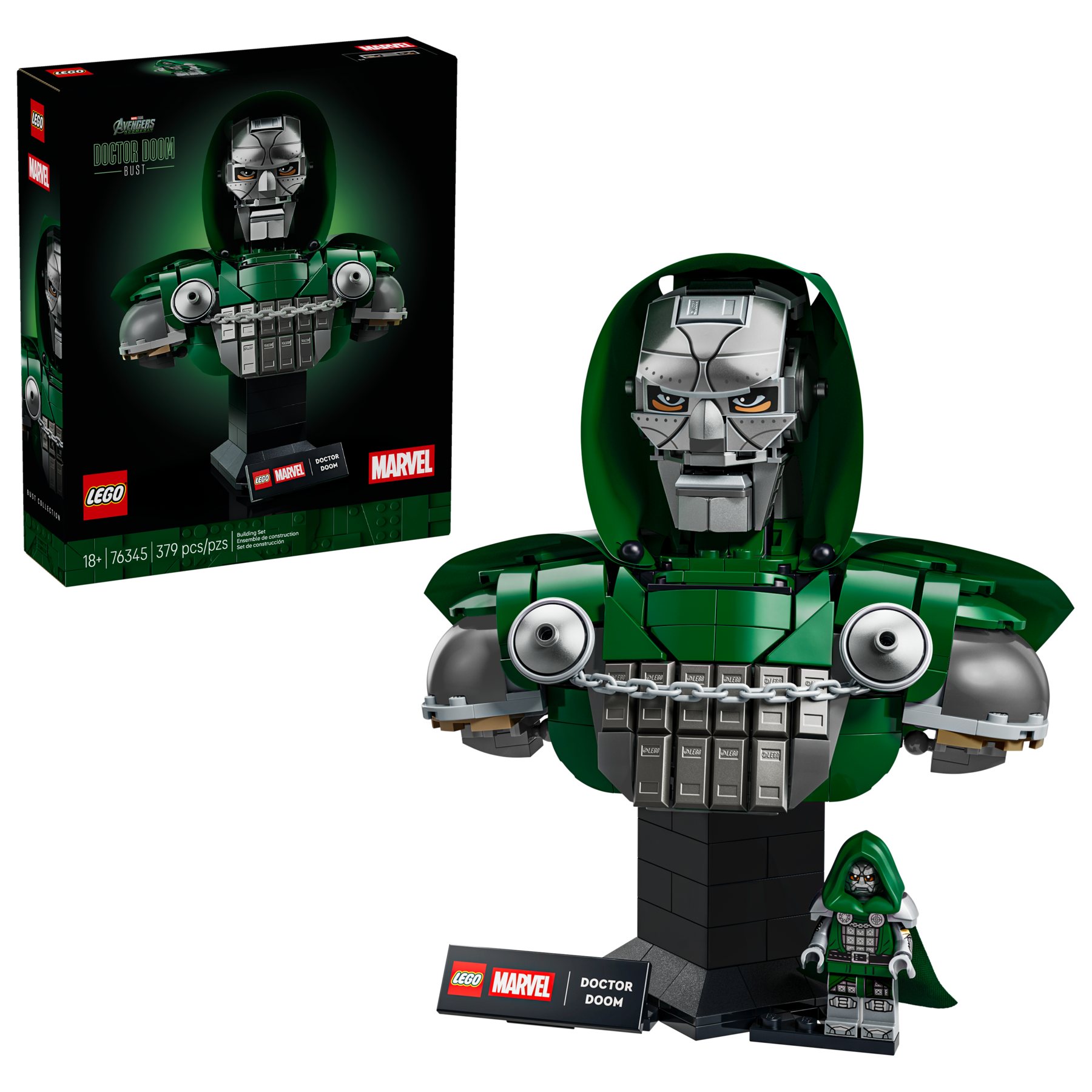 LEGO | Marvel Doctor Doom Bust box shown top left, with an assembled build-and-display model and a minifigure below.