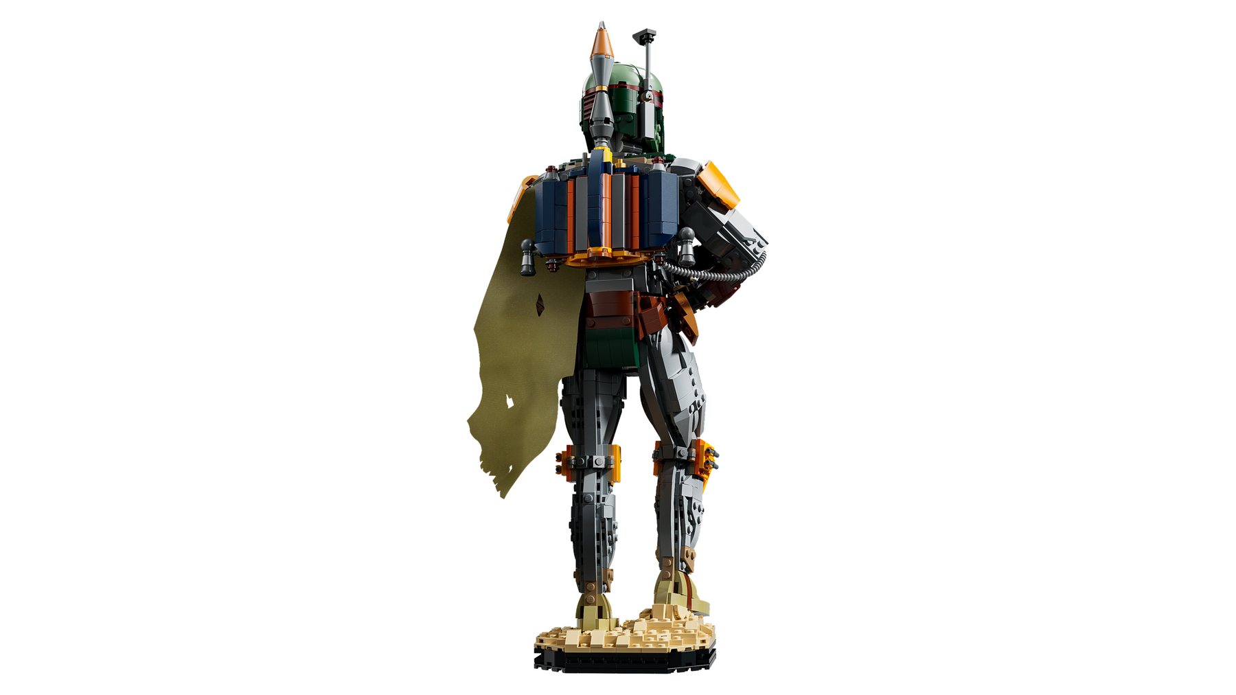Rear view of LEGO® Star Wars™ Boba Fett shown on a baseplate, wearing a jetpack.