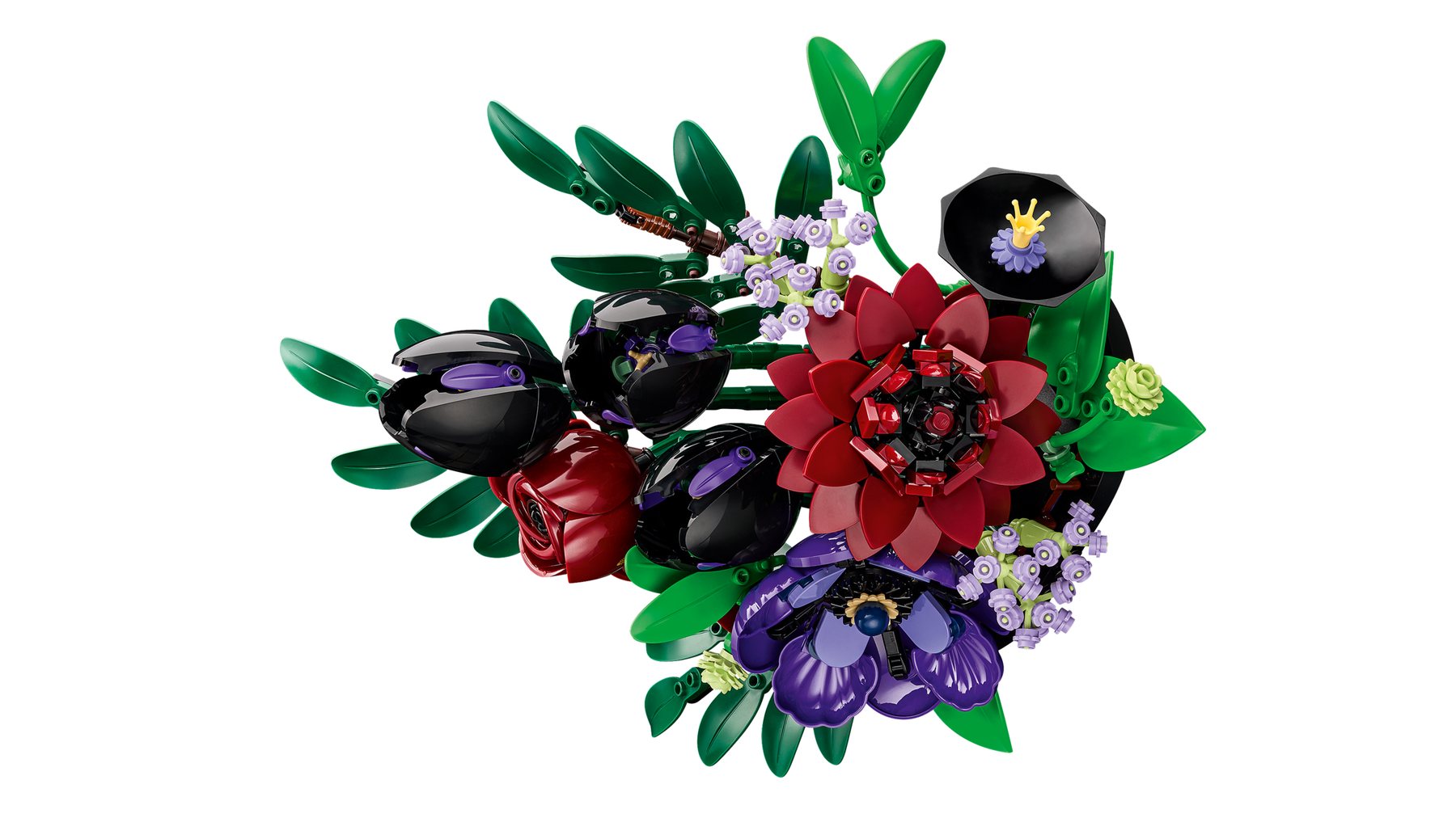 Aerial view of a LEGO® Botanicals Dark Flower Arrangement with 7 types of flowers, including tulips, roses and anemone.