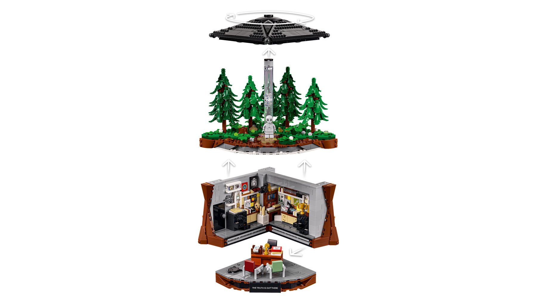 A deconstructed LEGO® Ideas The X-Files™: THE TRUTH IS OUT THERE set with arrows showing how the parts attach.
