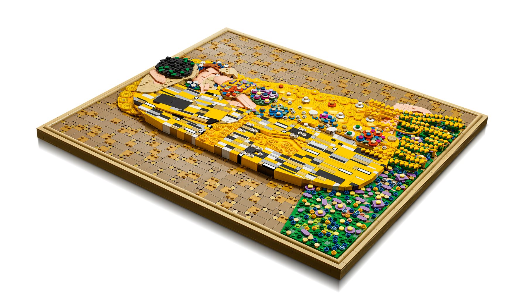 Angled view of LEGO® Art Gustav Klimt – The Kiss showing a brick-built 3D artwork laid flat.