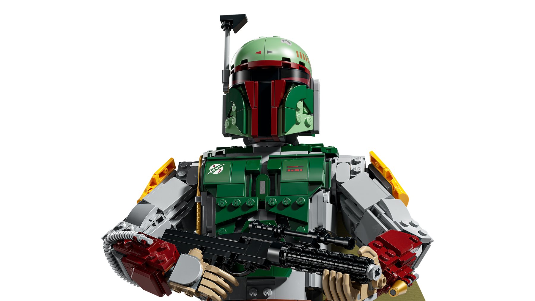 Close-up of LEGO® Star Wars™ Boba Fett from the waist up, shown holding a blaster.