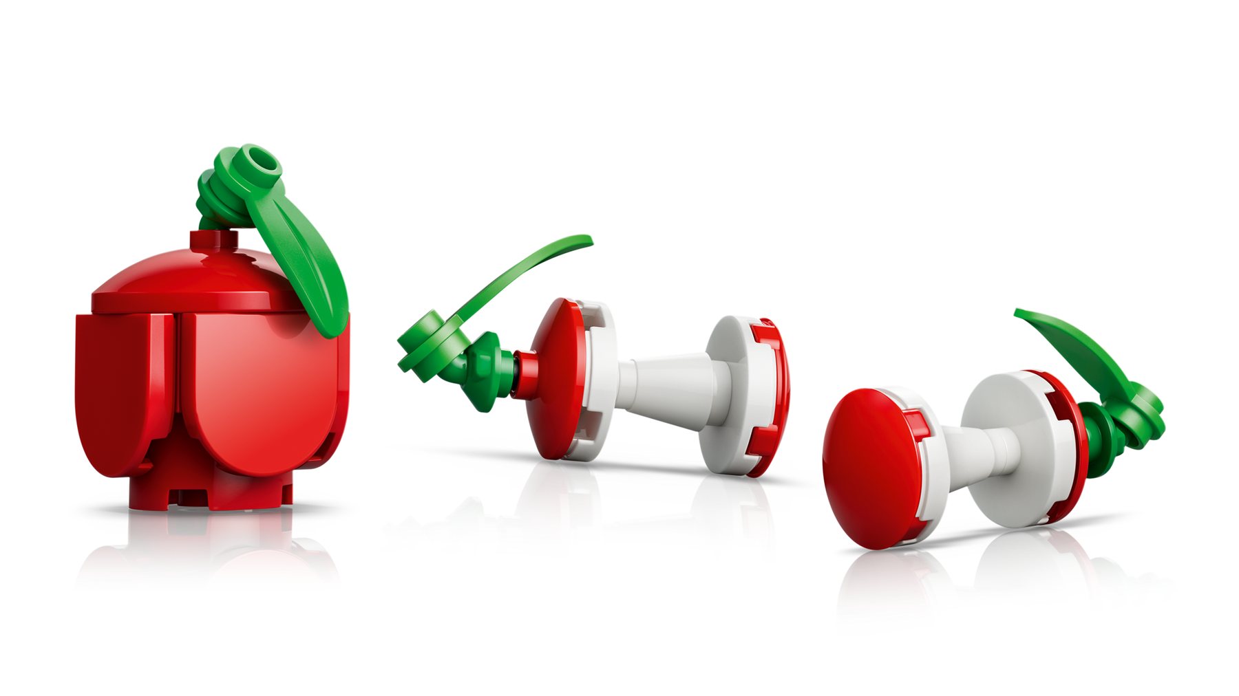 Close-up of an apple and 2 apple core accessories in a line.