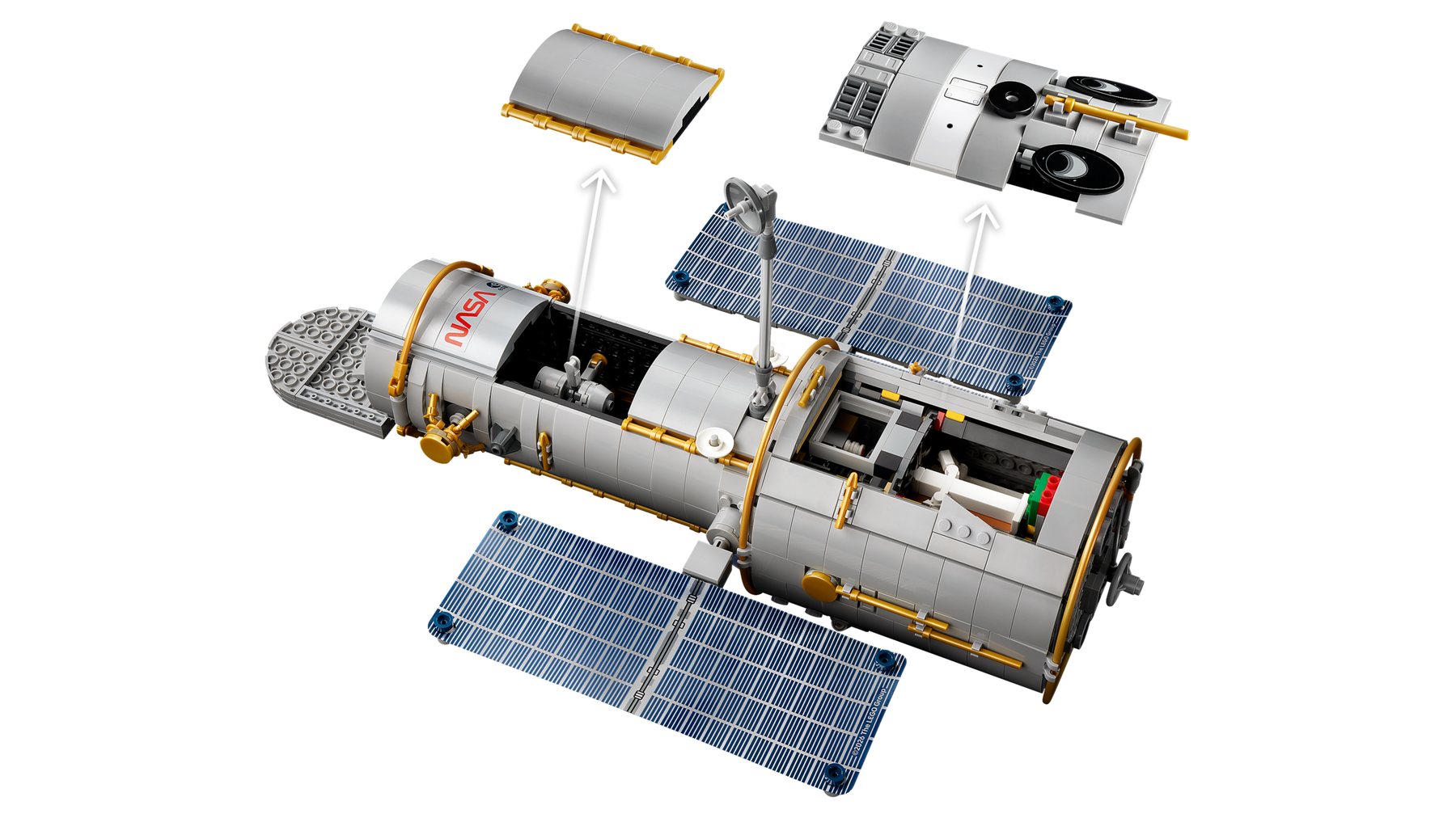 A LEGO® Icons Hubble Space Telescope set with the exterior panels removed and arrows showing how they reattach.