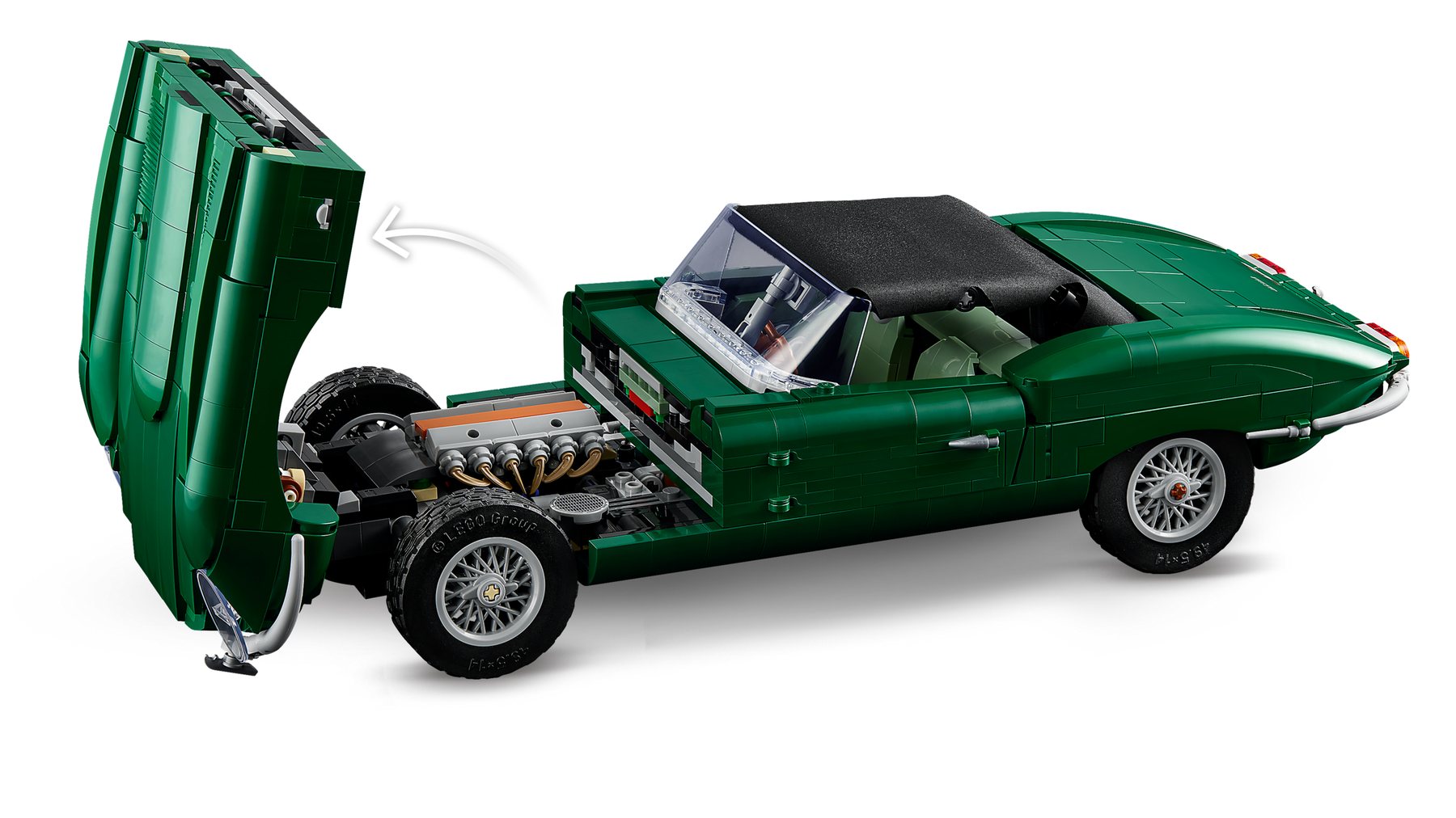 LEGO® Icons Jaguar E-Type with an open hood revealing the inline-6 engine and arrows showing the hood opens and closes.