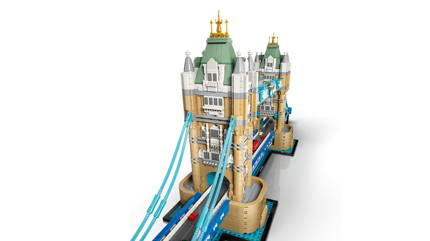 Side view of the LEGO® Architecture Tower Bridge set, focusing on one tower.