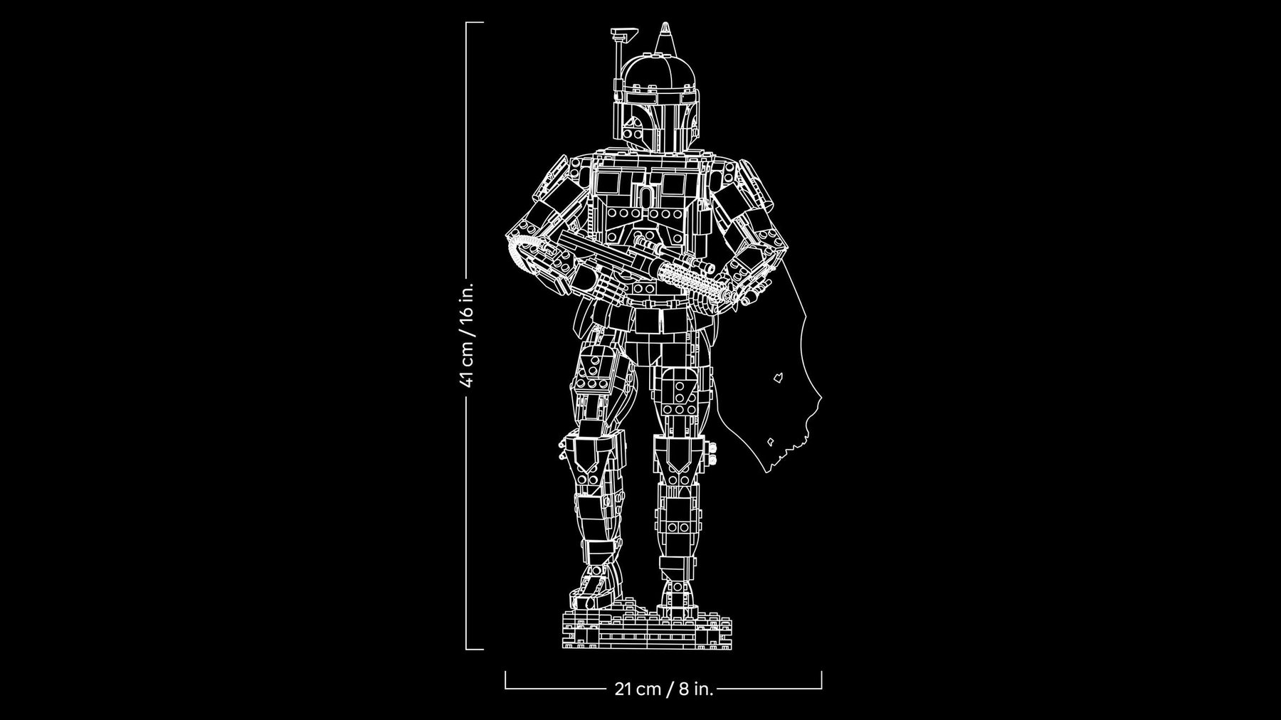 Size chart of a LEGO® Star Wars™ Boba Fett showing a height label of 41cm/16in and a width label of 21cm/8in.