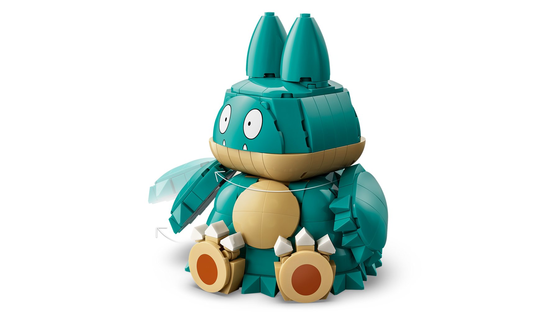 LEGO® Pokémon™ Munchlax with arrows showing how its head can swivel and arms can move.