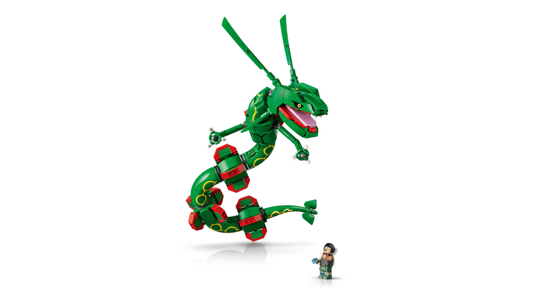 LEGO® Pokémon™ Rayquaza shown flying above a Zinnia minifigure.