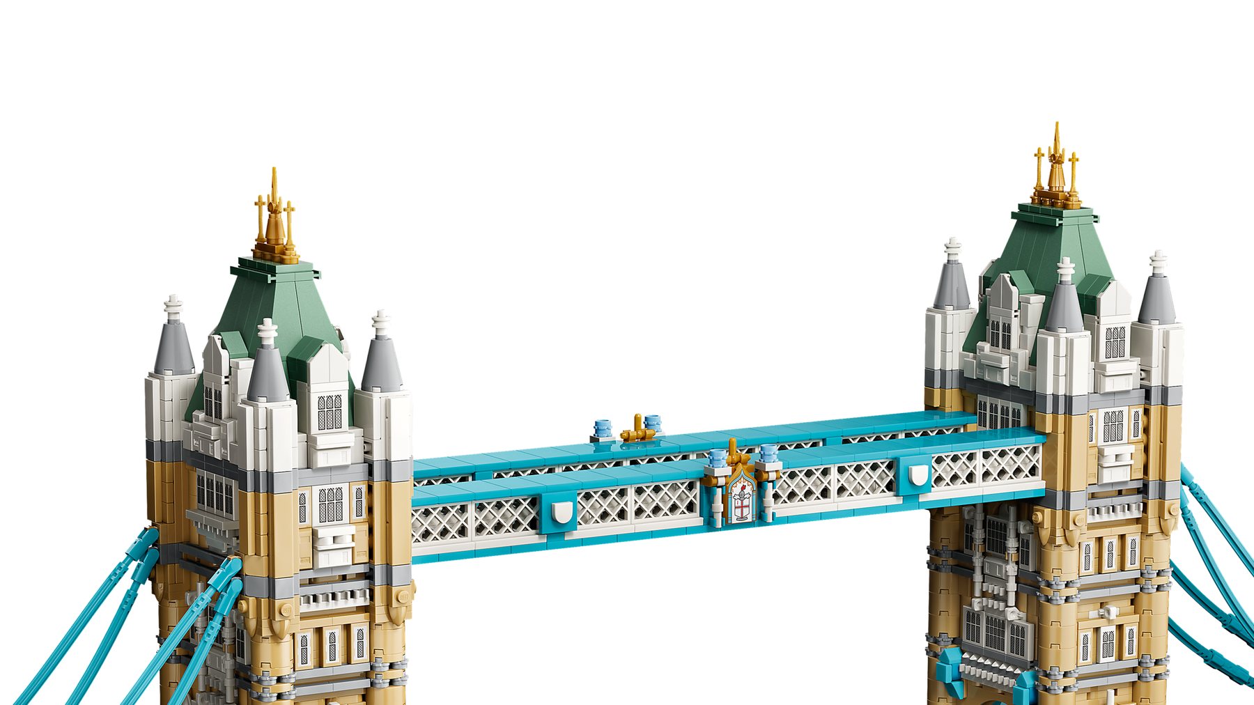 Close-up of the LEGO® Architecture Tower Bridge set, focusing on the blue suspension walkway.