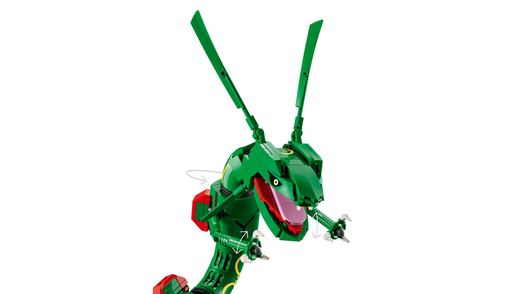 Close-up of a LEGO® Pokémon™ Rayquaza showing how its head and arms can be moved.