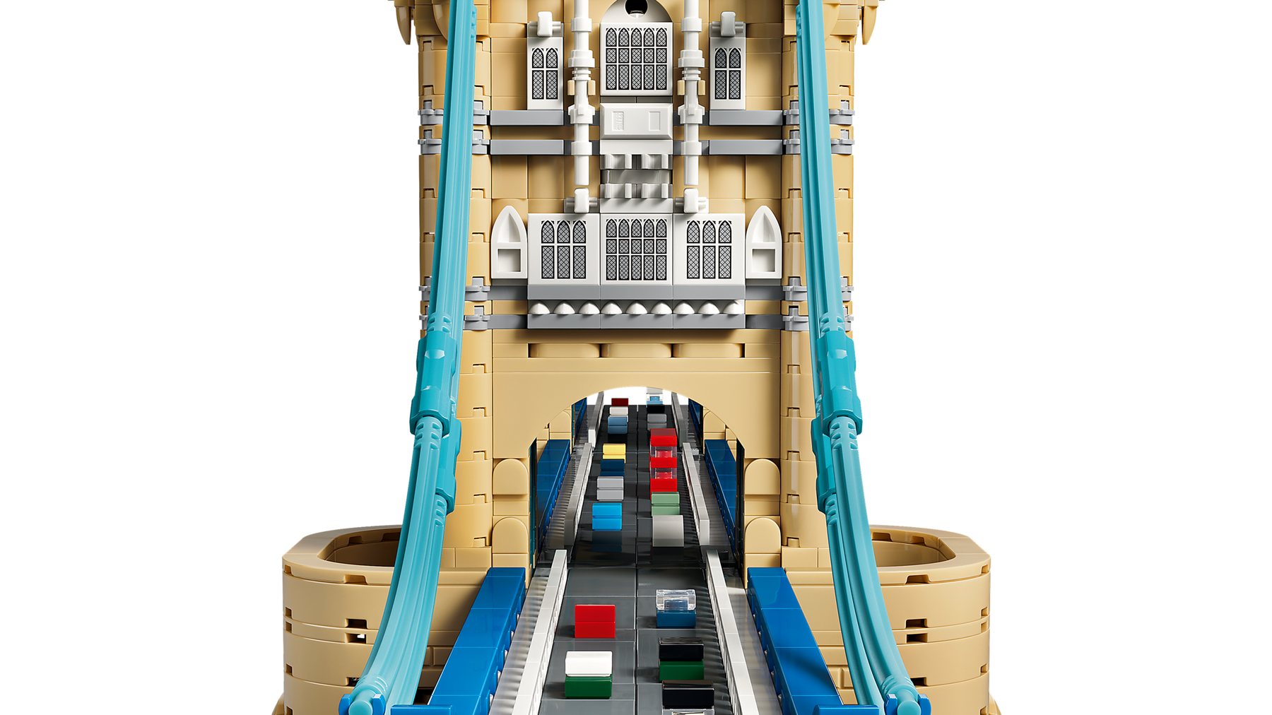 Close-up of the road on the LEGO® Architecture Tower Bridge set, showing microscale vehicles.