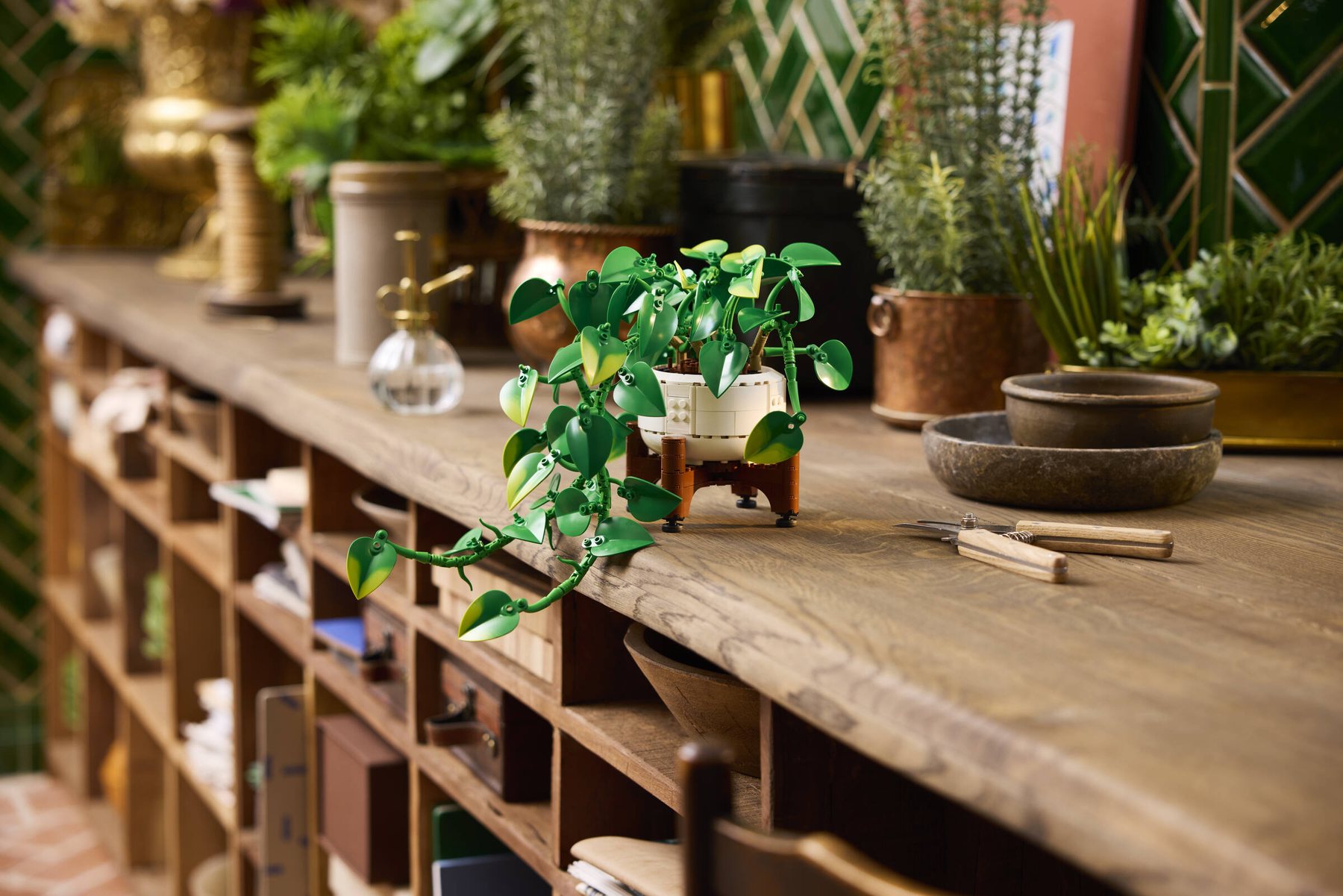 A LEGO® Botanicals Hanging Golden Pothos set with hanging vines displayed on a workbench, next to potted plants.