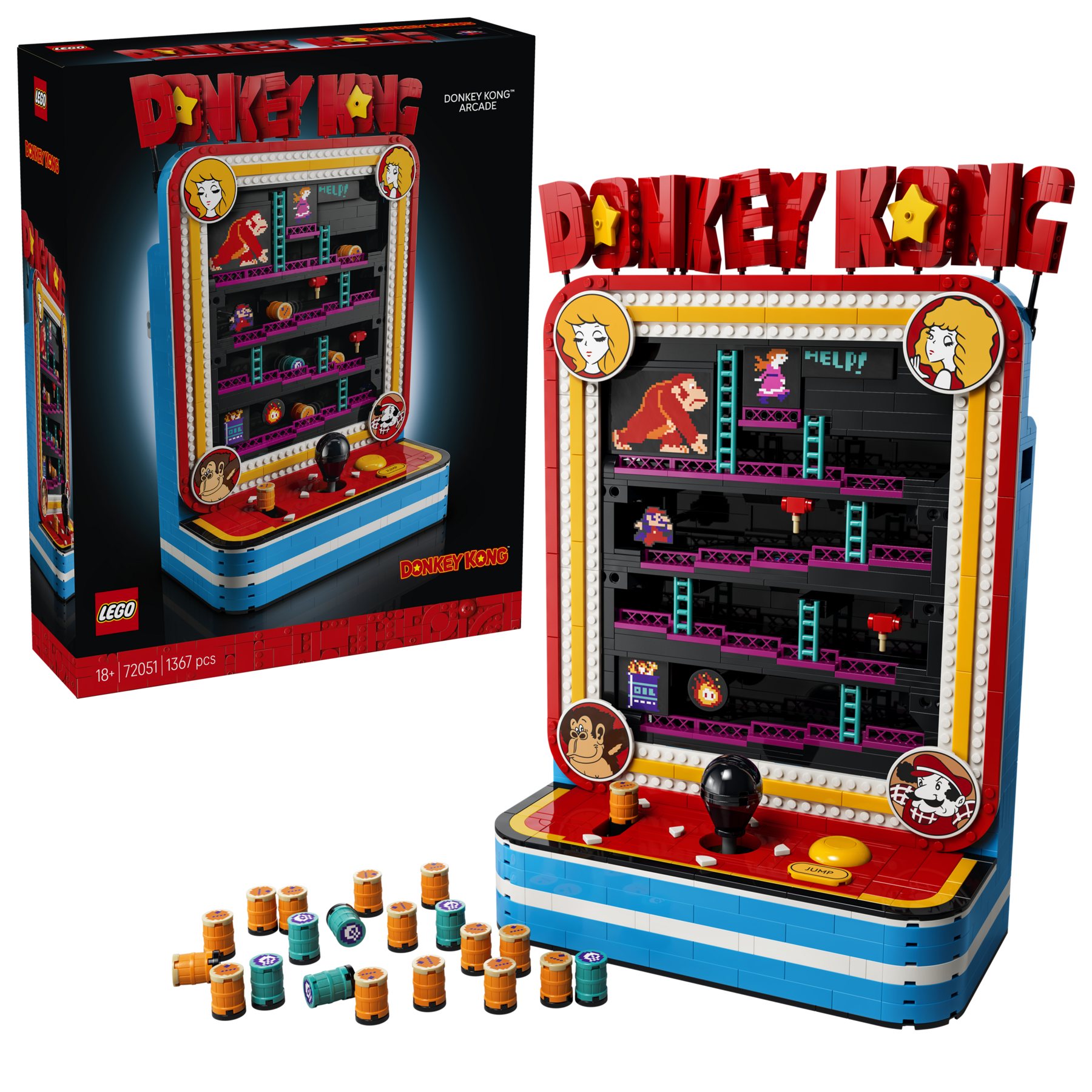 LEGO® Donkey Kong™ Arcade box shown top left, with a brick-built arcade game featuring 21 barrels and a joystick below.