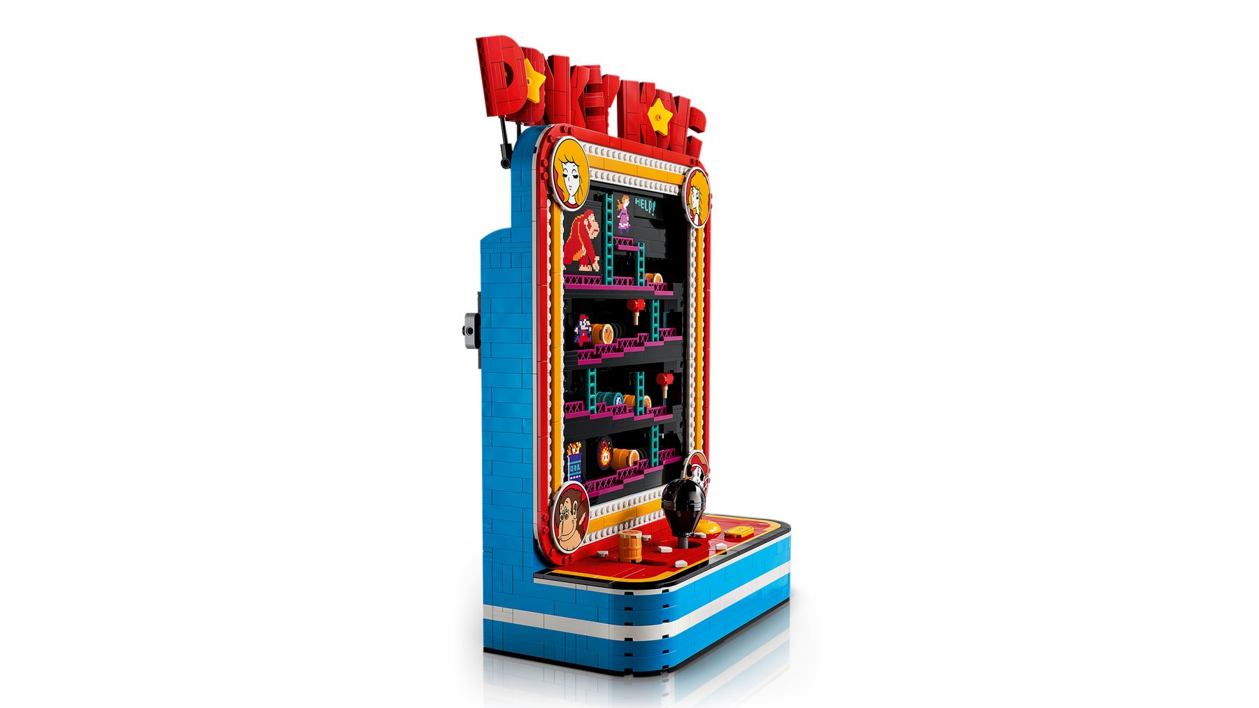 LEGO® Donkey Kong™ Arcade featuring Jumpman, Donkey Kong and Lady images, plus a working scaffold, ladder and hammer.