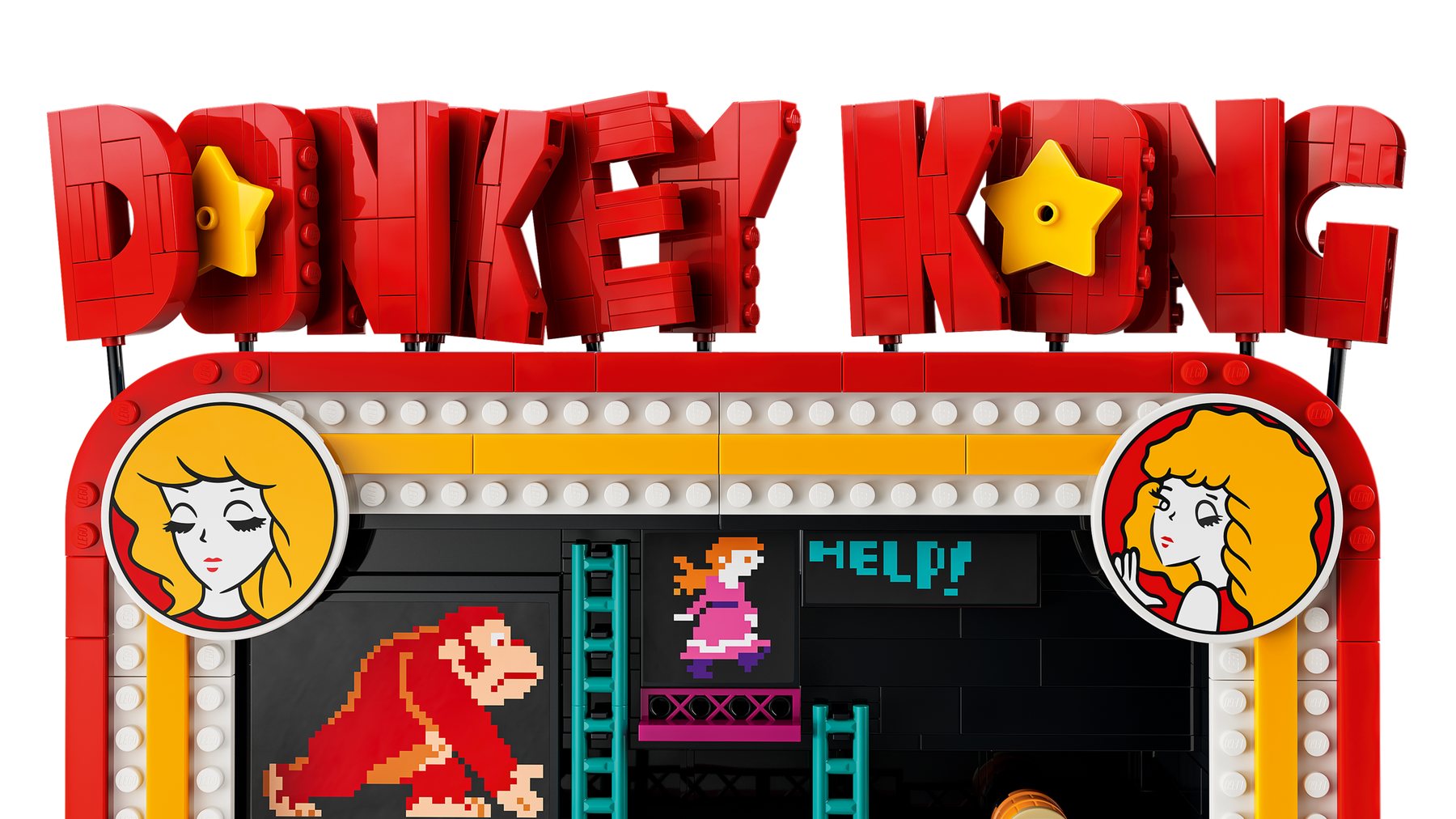 Close-up of the 'DONKEY KONG' sign on a LEGO® Donkey Kong™ Arcade set.