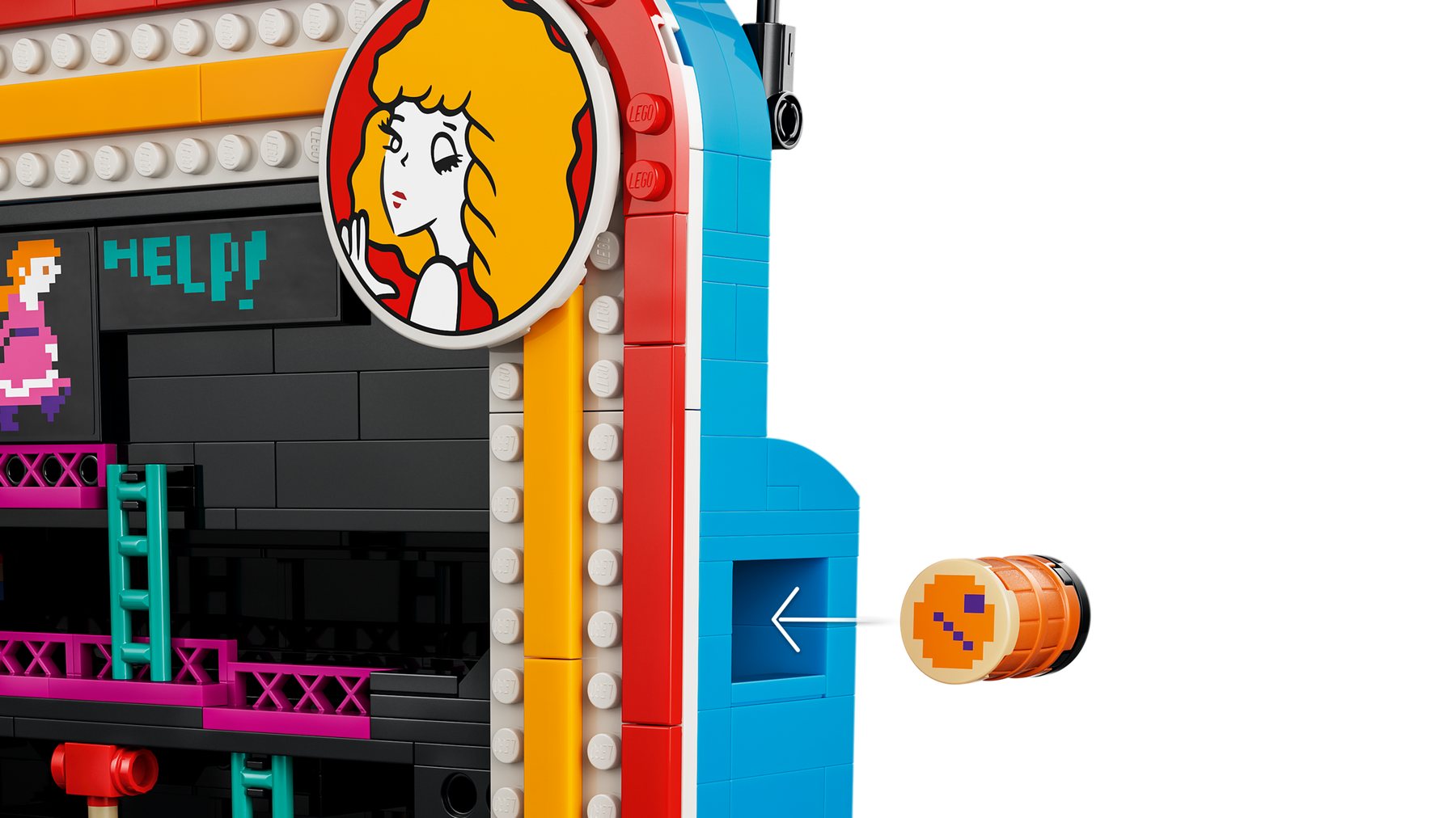 Close-up of the barrel slot on a LEGO® Donkey Kong™ Arcade set with an arrow showing where the barrels can be placed.