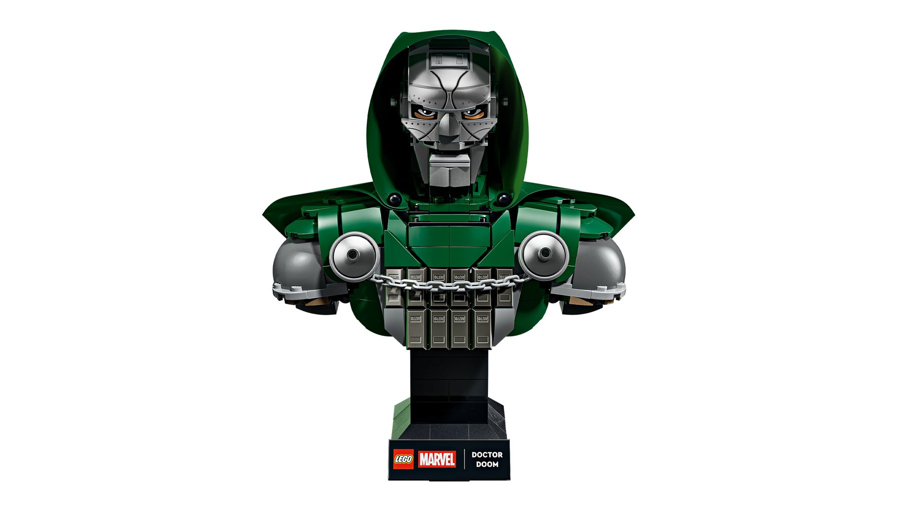LEGO® ǀ Marvel Doctor Doom set featuring a build-and-display model on a stand with a nameplate built into the pedestal.