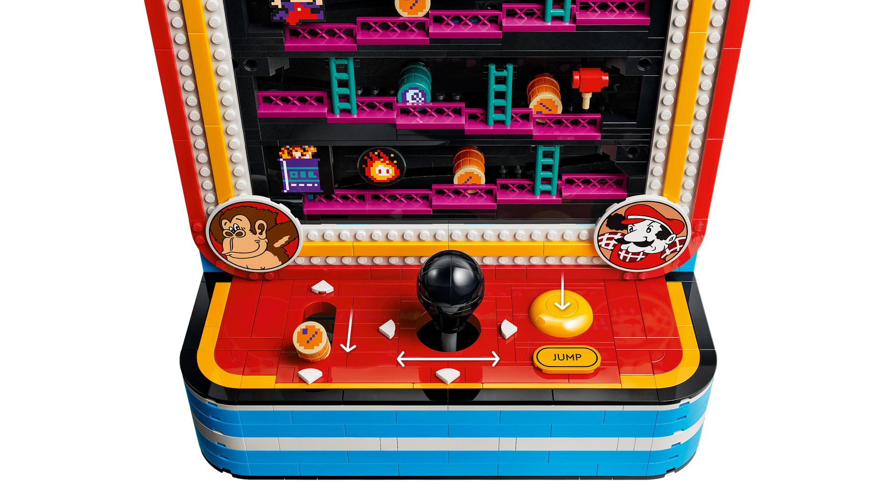 Close-up of the joystick on a LEGO® Donkey Kong™ Arcade with arrows showing how the parts move and the barrels release.