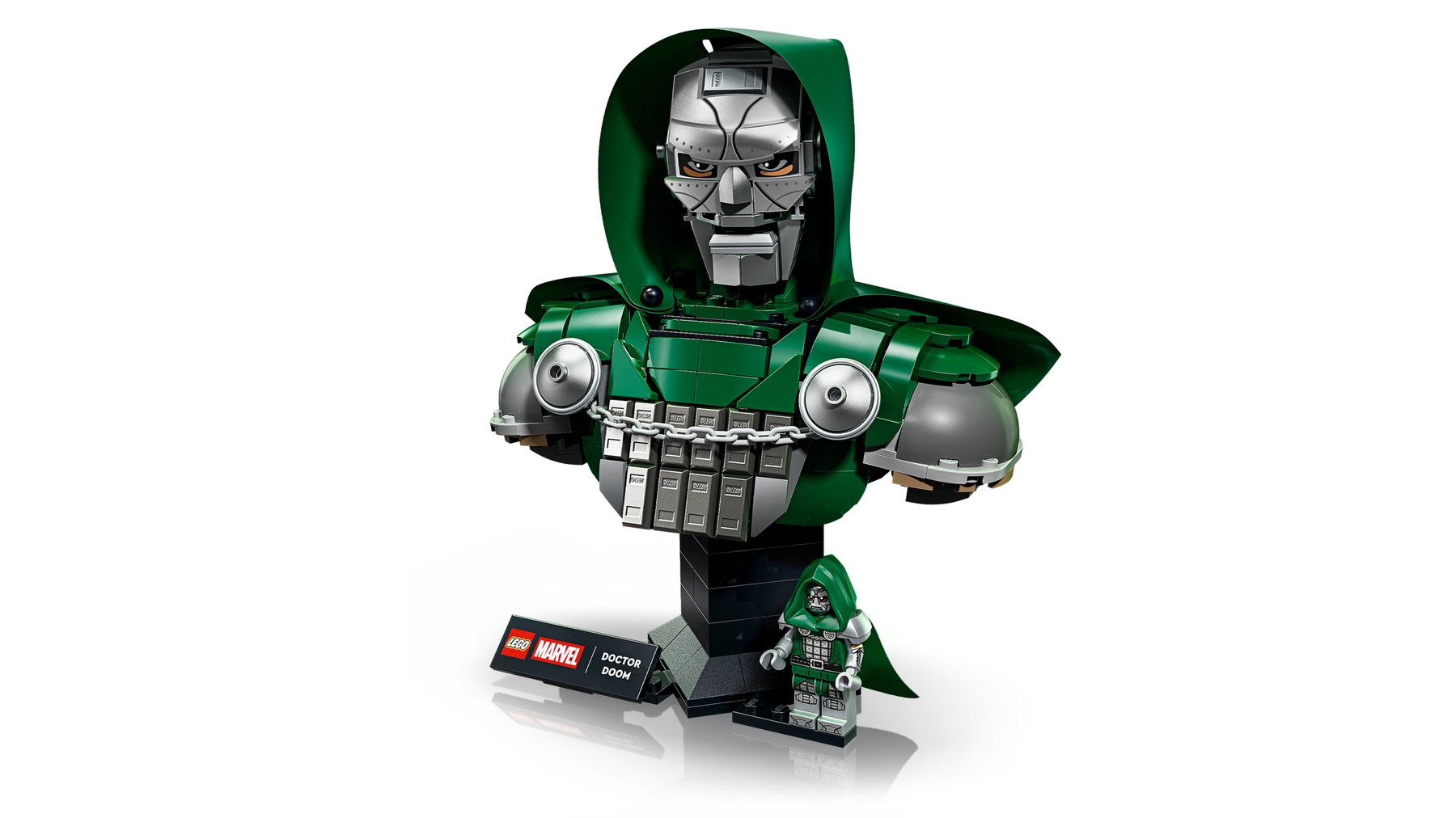 LEGO® ǀ Marvel Doctor Doom set featuring a build-and-display model on a stand, a nameplate and a Doctor Doom minifigure.
