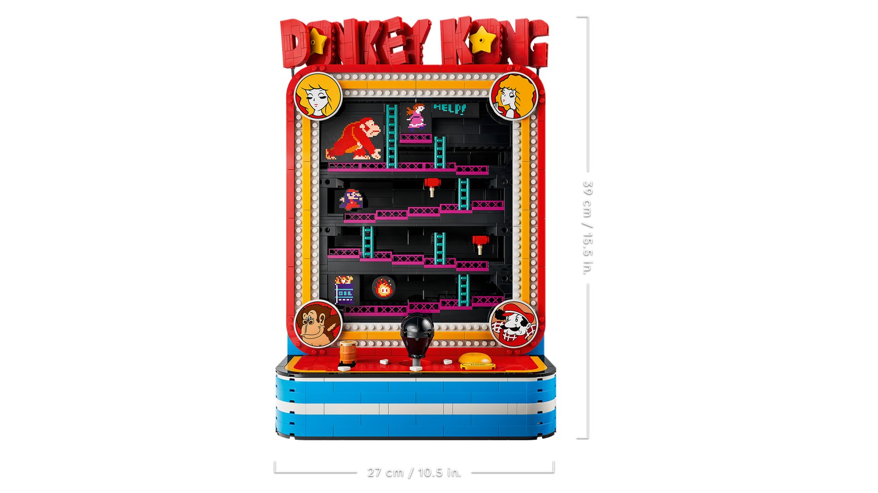 LEGO® Donkey Kong™ Arcade with 27 cm/ 10.5 in width and 39 cm/ 15.5 in height labels.
