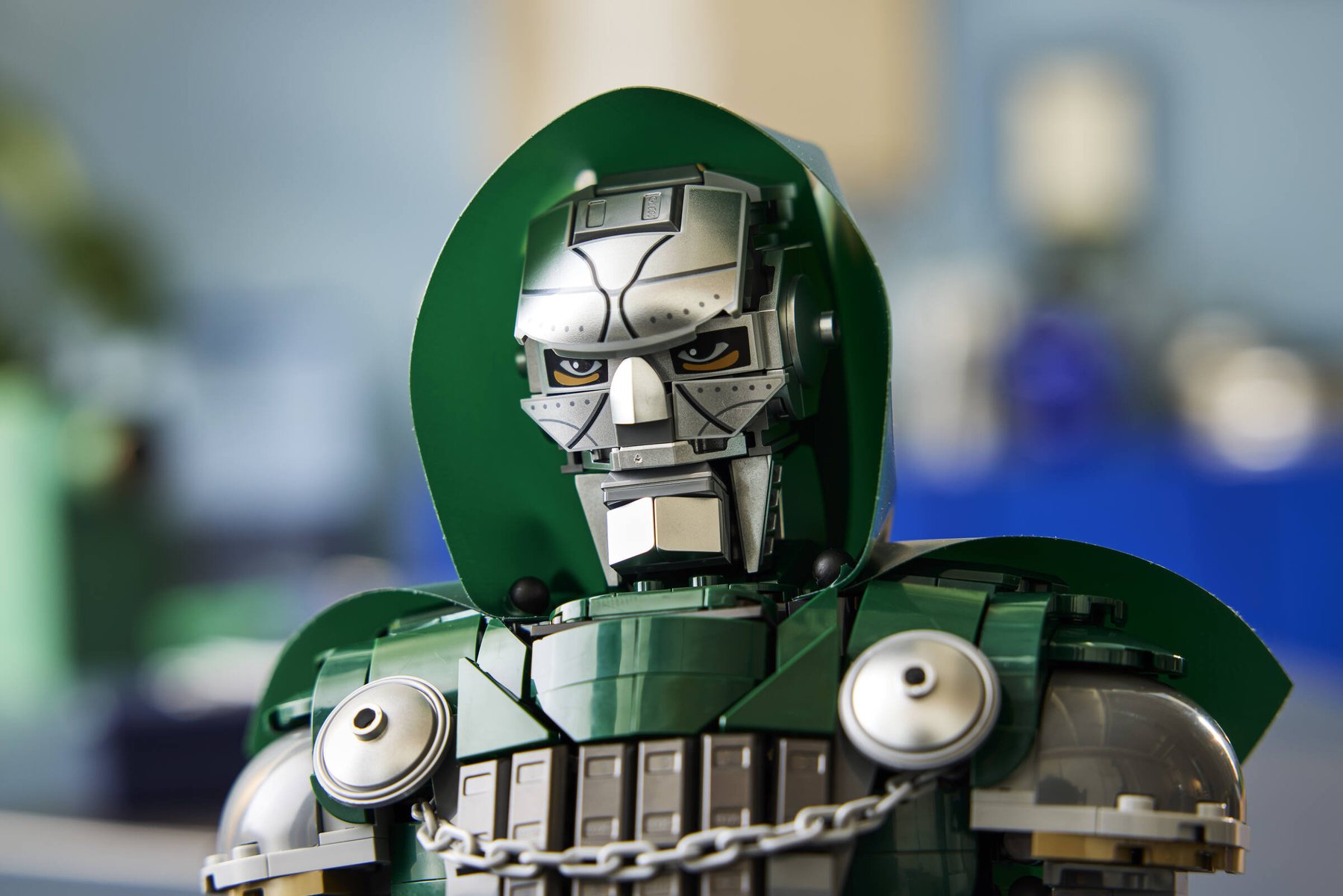 Close-up of a LEGO® ǀ Marvel Doctor Doom Bust showing the model's head and its foil hood and cape.